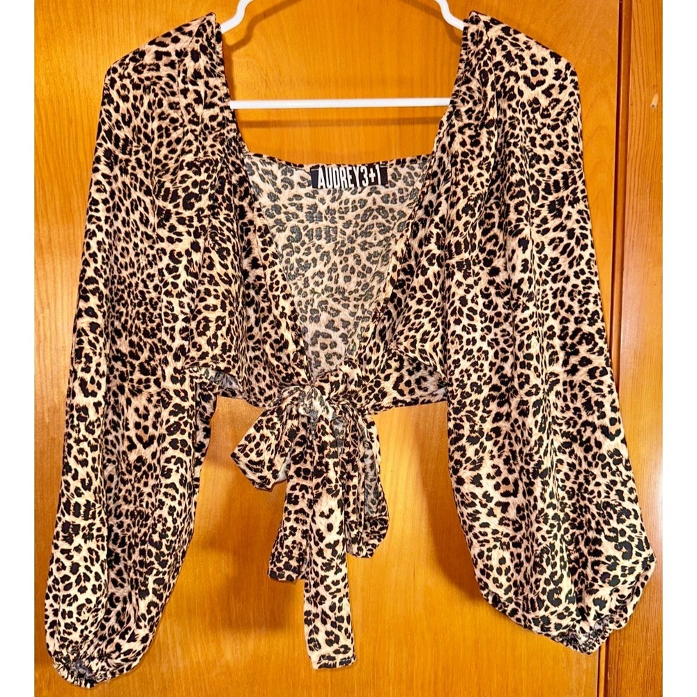 Audrey‎ 3+1 Leopard Animal Print Womens Long Sleeve Crop Top Tie Front Small